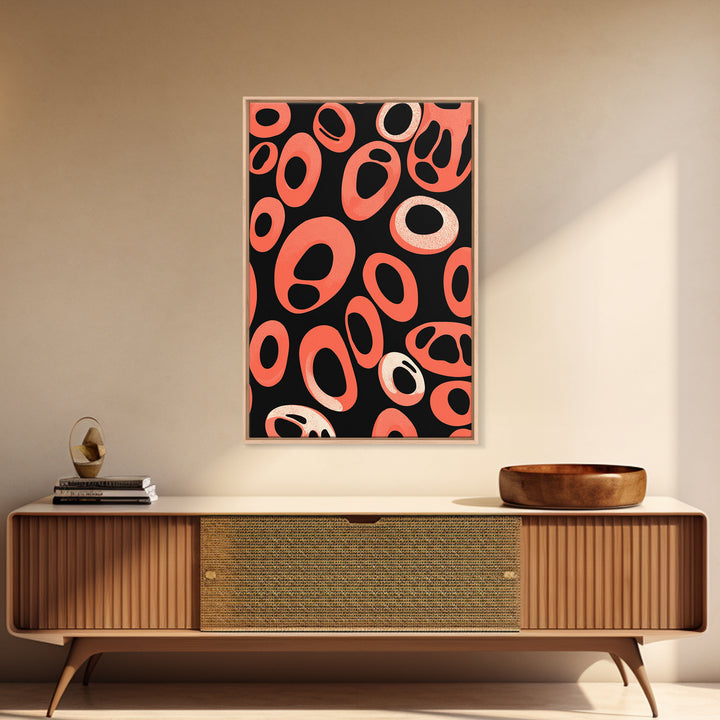 Coral Oval Rings On Black Canvas Print, Bold Retro Abstract Poster, Midcentury Modern Decor, Orange Geometric Wall Art Print