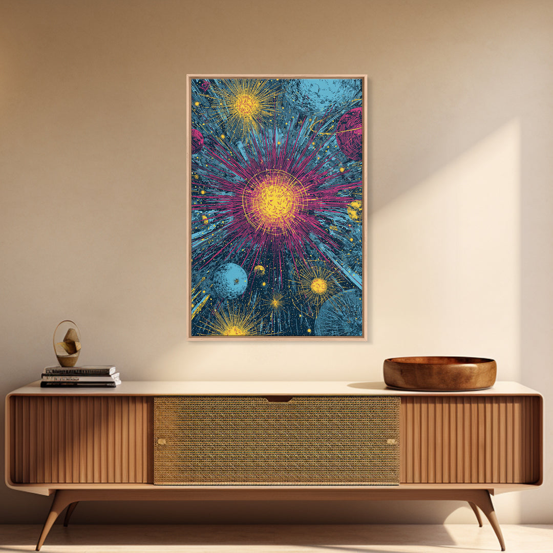 Exploding Stars And Planets Wall Art, Colorful Cosmic Retro Poster, Space Abstract Art, Midcentury Modern Decor Print Gift