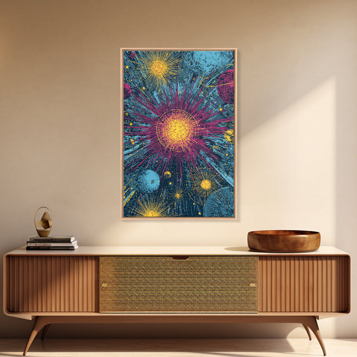 Exploding Stars And Planets Wall Art, Colorful Cosmic Retro Poster, Space Abstract Art, Midcentury Modern Decor Print Gift