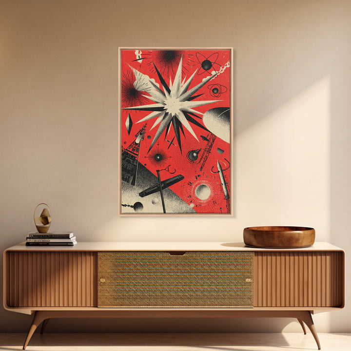 Red Atomic Starburst Space Scene Canvas Print, Retro Sci Fi Poster, Midcentury Modern Wall Decor, Futuristic Art Print Gift