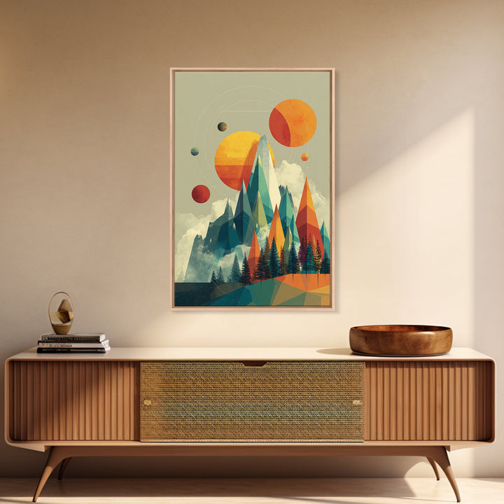 Planets Over Crystal Peaks Canvas Print, Midcentury Modern Space Mountain Wall Art, Retro Geometric MCM Decor For Living Room