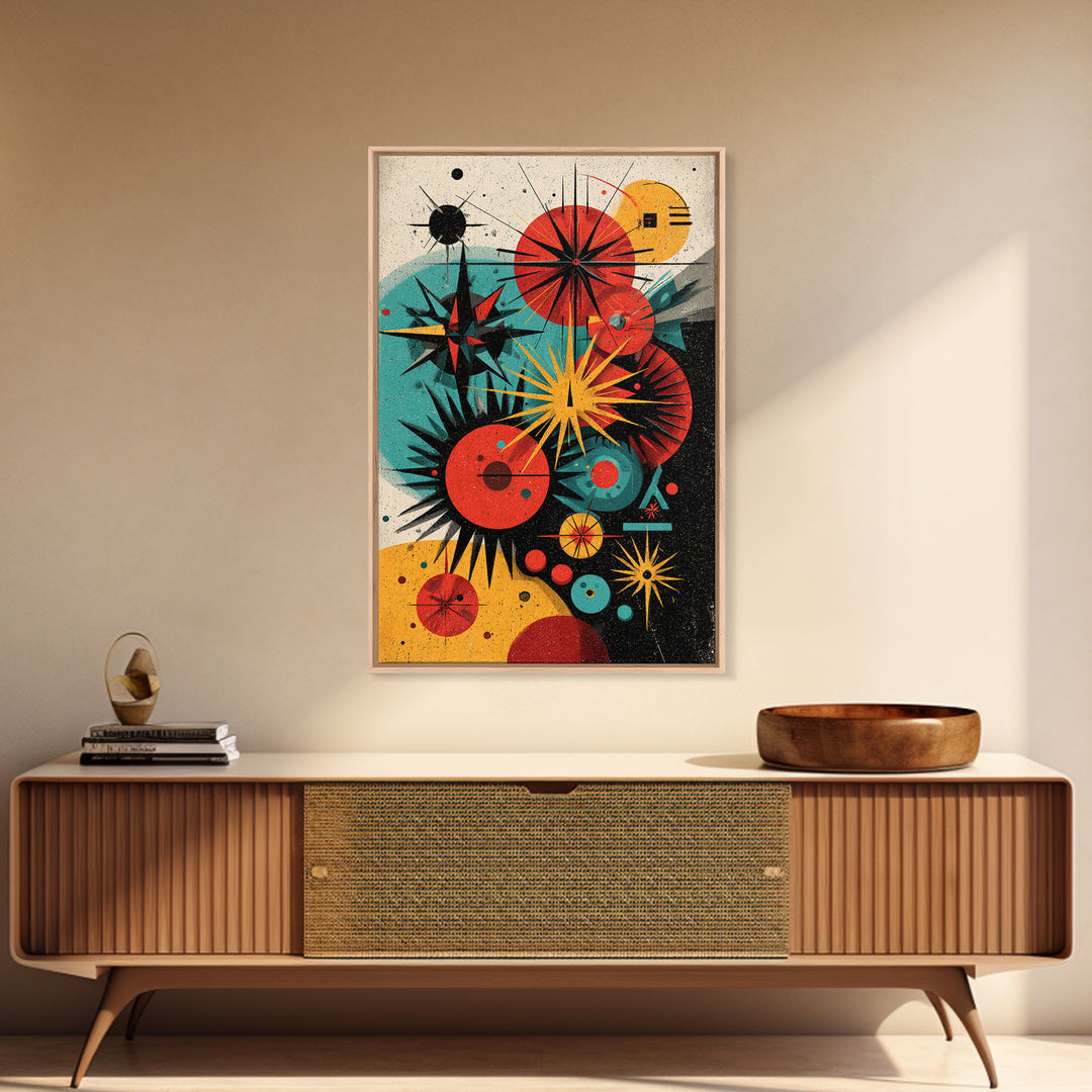Atomic Circles And Starbursts Framed Canvas Print, Midcentury Modern Abstract Poster, Bauhaus Geometric Wall Art Decor Print