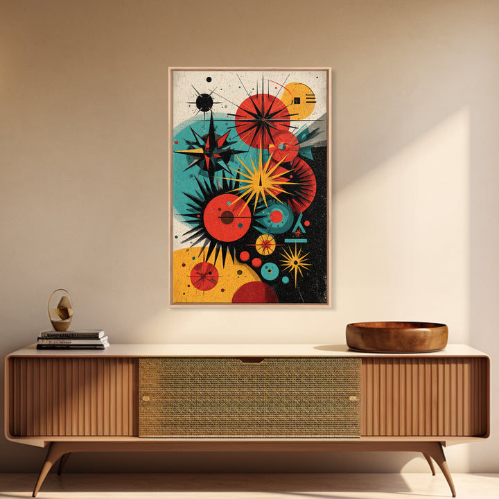 Atomic Circles And Starbursts Framed Canvas Print, Midcentury Modern Abstract Poster, Bauhaus Geometric Wall Art Decor Print