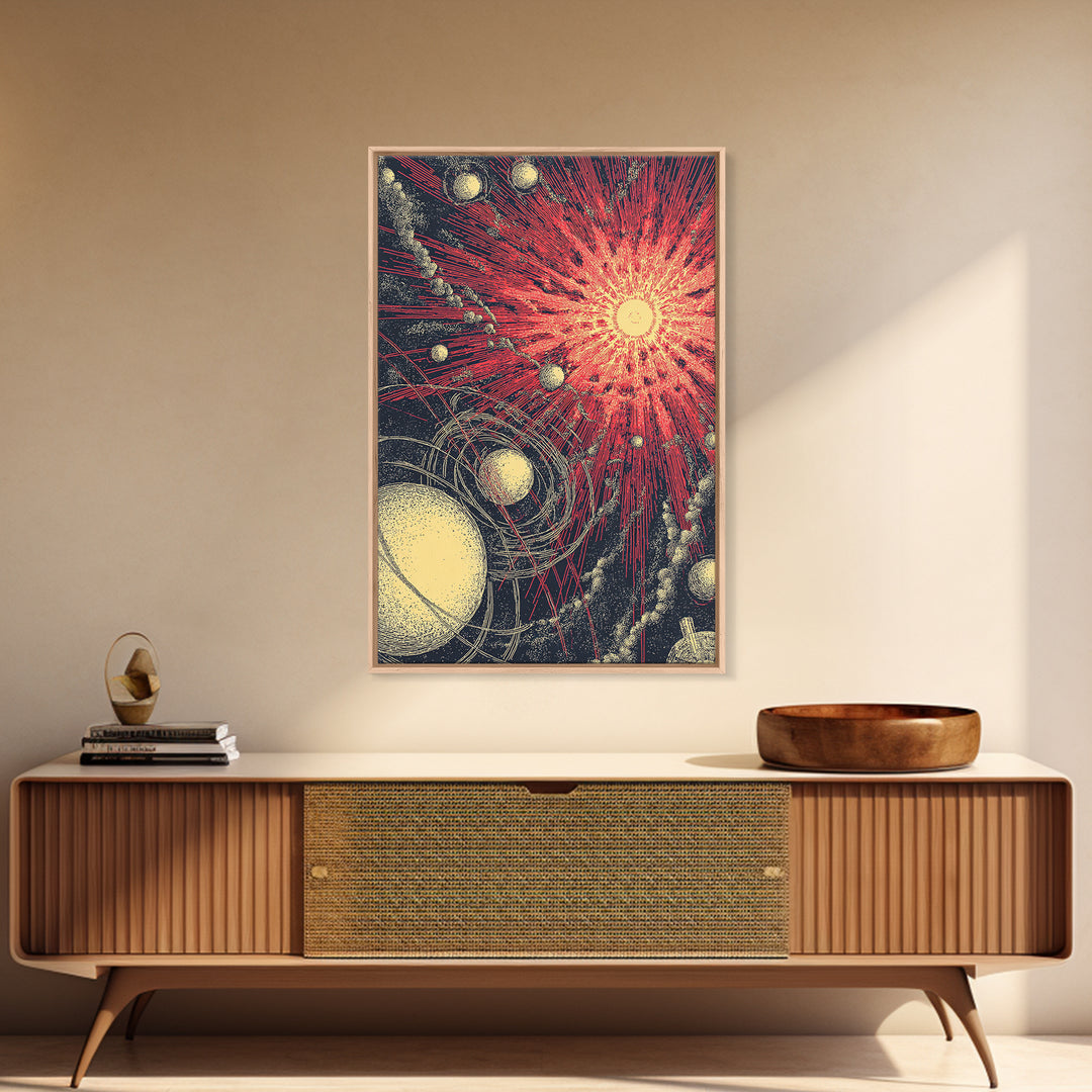 Red Cosmic Sunburst With Orbiting Planets Wall Art, Midcentury Modern Art, Retro Space Poster, Atomic Abstract Decor Prints