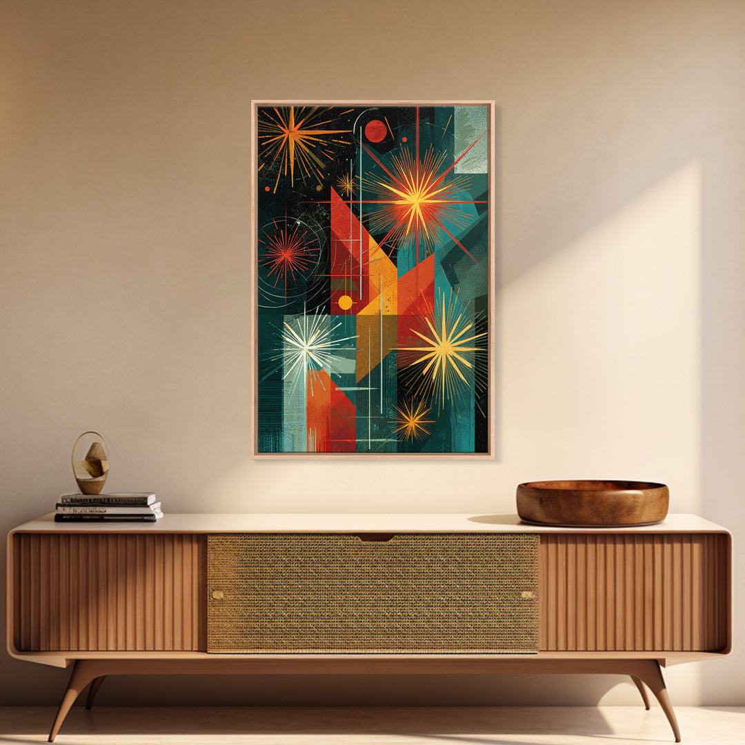Teal Orange Geometric Fireworks Wall Art, Midcentury Modern Art, Atomic Retro Decor, Bold MCM Wall Decor Poster Print Gift