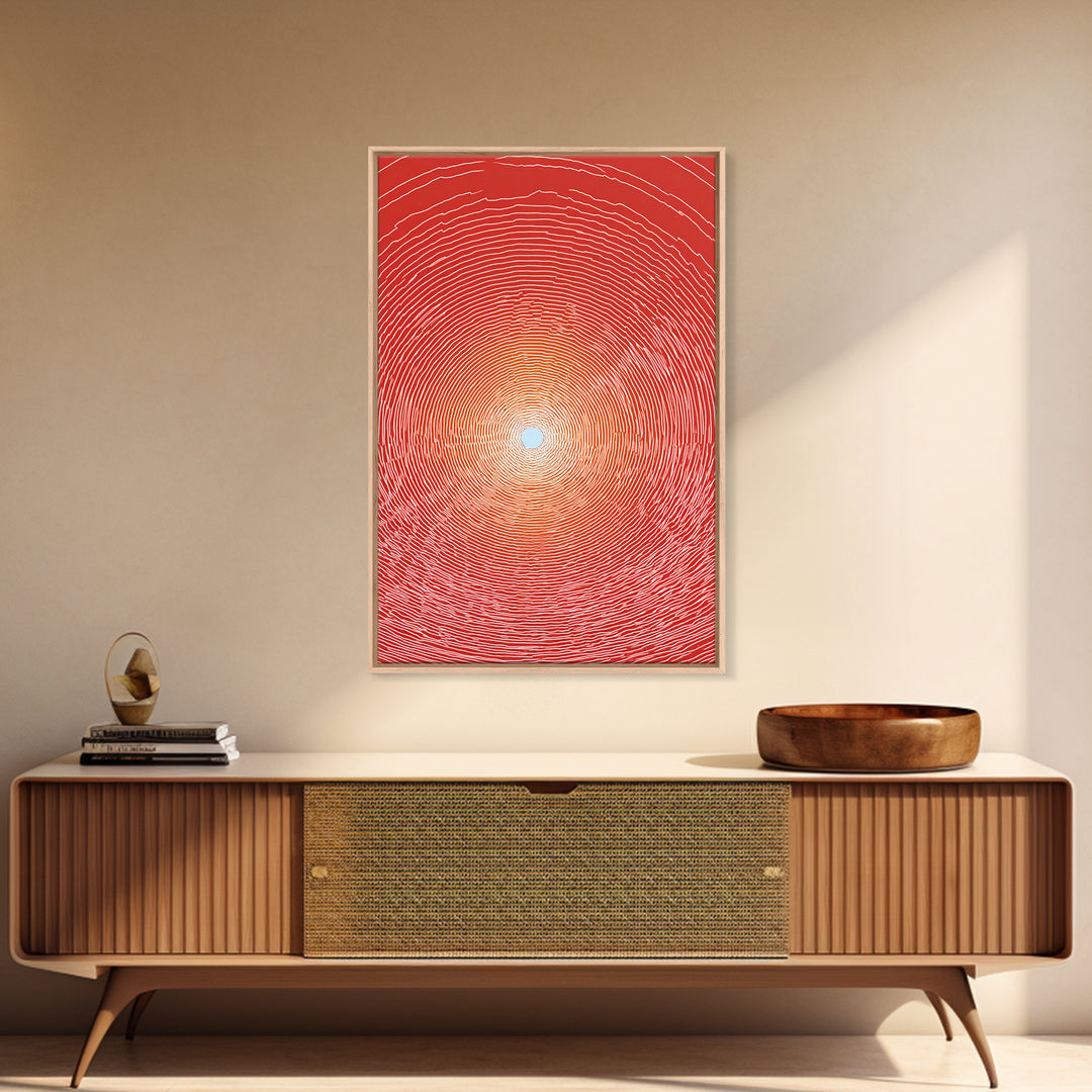 Radiant Red Concentric Sun Framed Canvas Print, Minimalist Wall Art, Modern Abstract Art, Retro Geometric Decor Poster Print