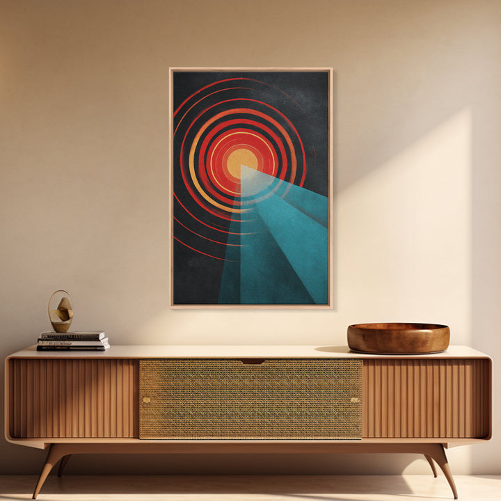 Red Target Sun With Blue Light Beams Wall Art, Modern Abstract Art, Retro Space Poster, Geometric Home Decor Print Gift Idea