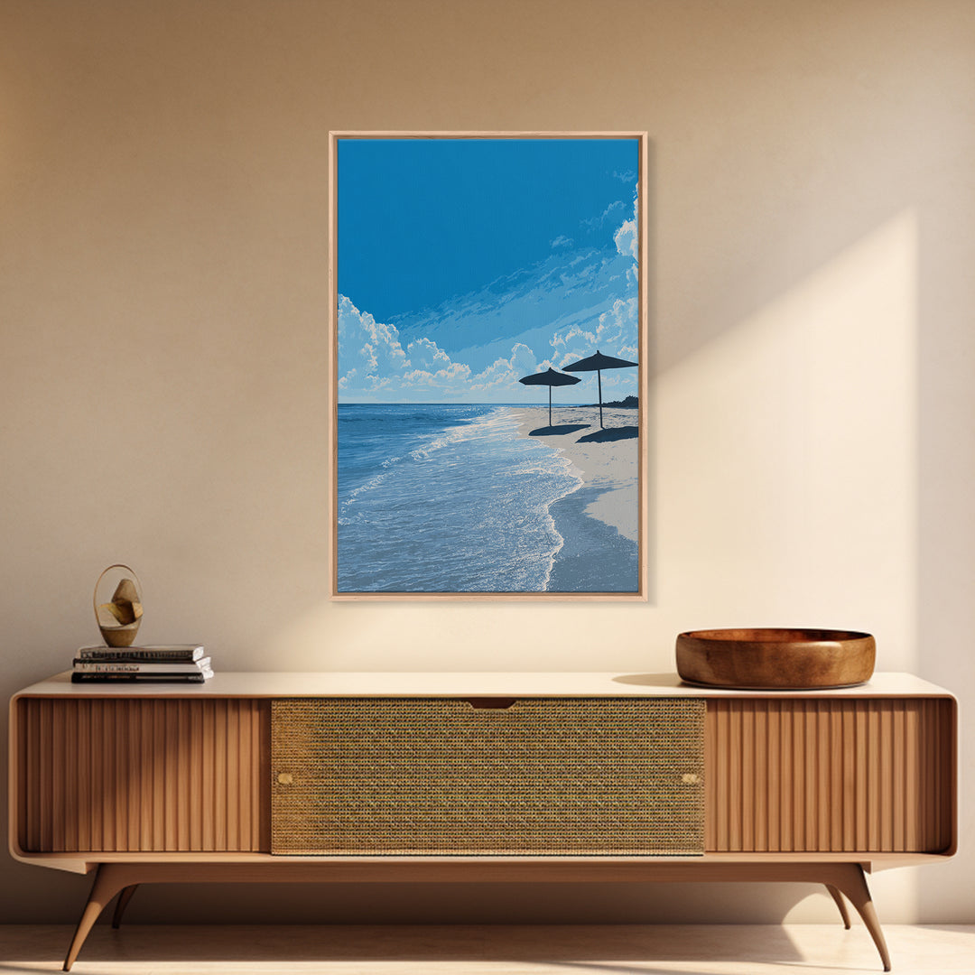 Sunny Blue Beach Umbrellas Canvas Print, Coastal Wall Art, Modern Travel Poster, Ocean View Decor, Serene Living Room Art