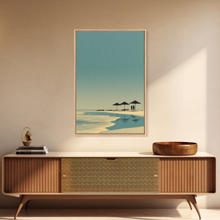 Minimal Beach Umbrellas Framed Canvas Print, Neutral Coastal Wall Art, Modern Landscape Poster, Serene Ocean Bedroom Decor