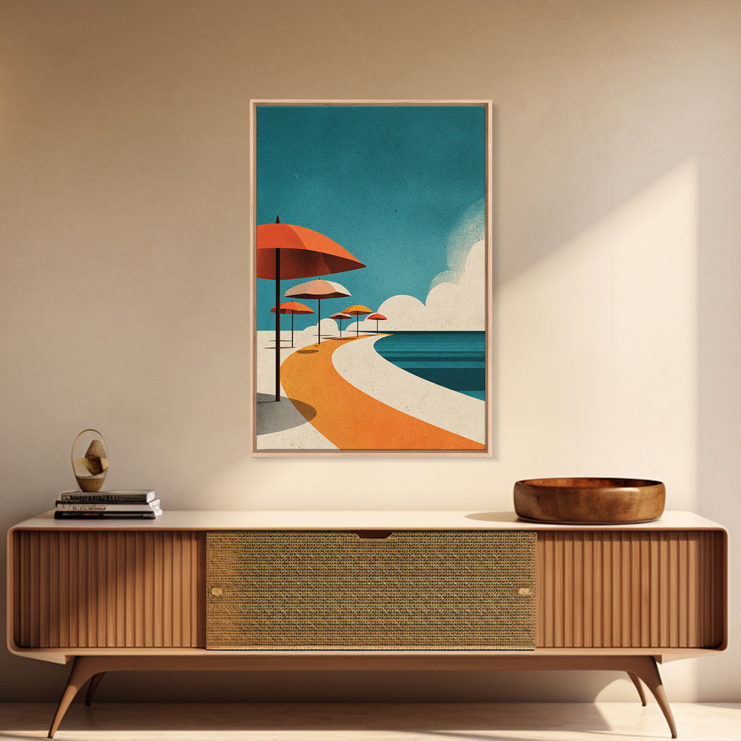 Orange Umbrella Boardwalk Canvas Print, Midcentury Modern Wall Art, Retro Beach Poster, Coastal MCM Home Decor, Palm Springs Style