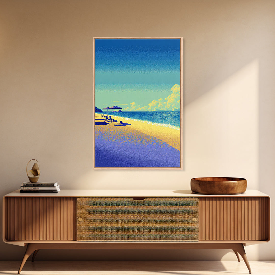 Vibrant Pixel Beach Canvas Print, Retro Travel Poster Wall Art, Coastal Modern Decor, Colorful Ocean Living Room Print Gift