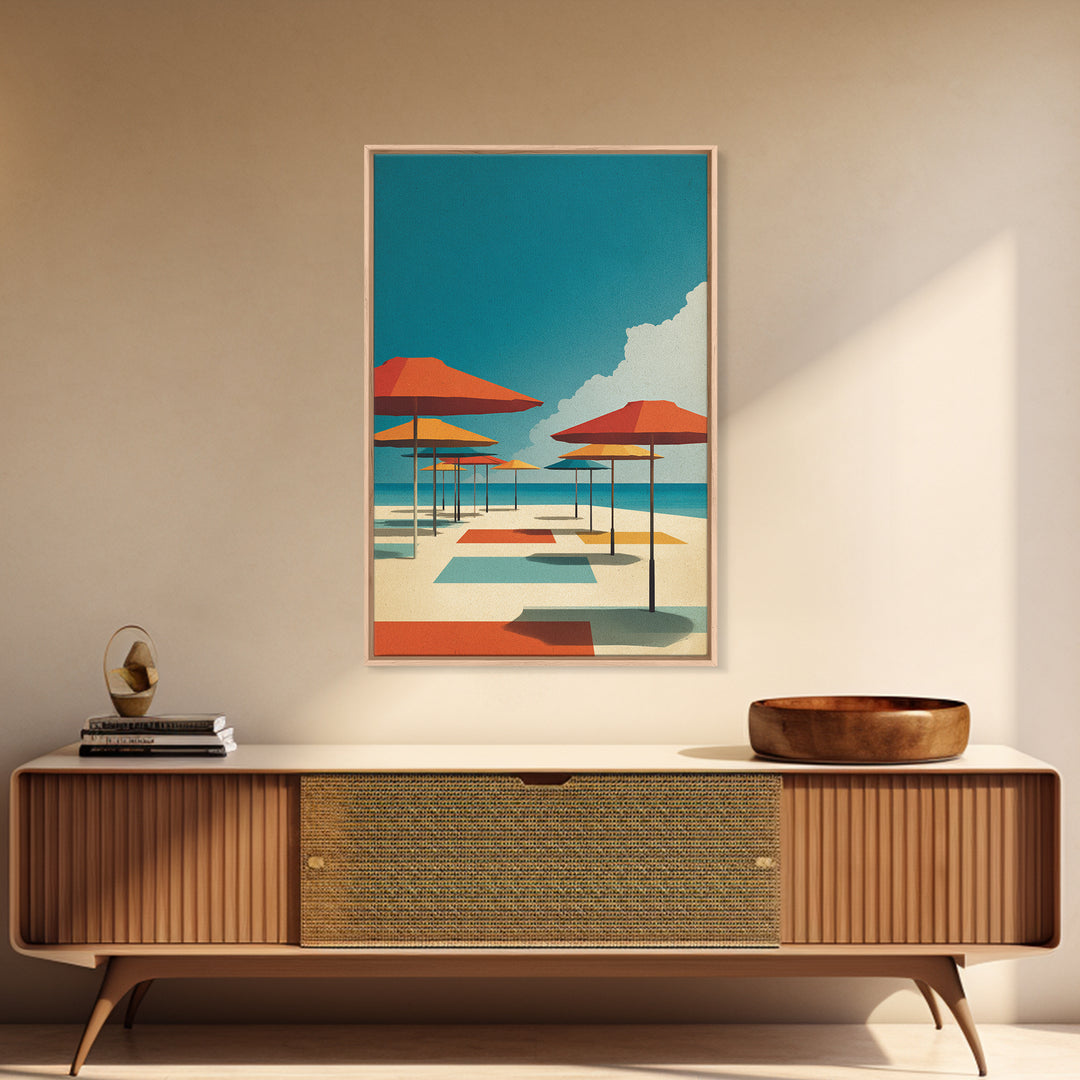 Retro Orange Beach Umbrellas Wall Art, Midcentury Modern Canvas Print, Coastal Poster, Bold MCM Living Room Home Wall Decor