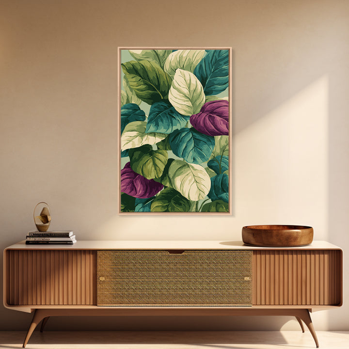 Lush Tropical Calathea Leaves Framed Canvas Print, Botanical Wall Art, Green Purple Nature Decor, Modern Home Art Prints