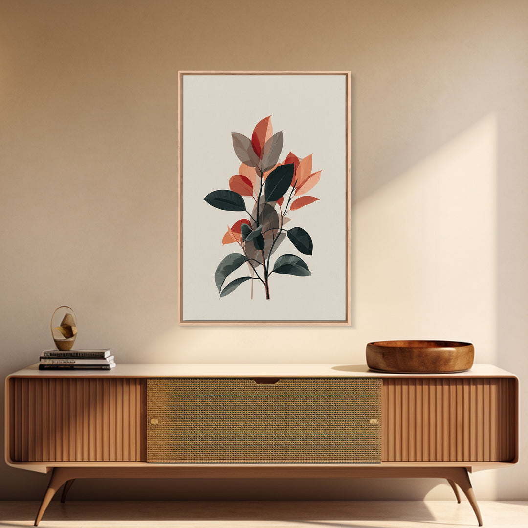 Orange Green Botanical Branch Wall Art, Midcentury Modern Leaf Print, Retro Nature Decor, Living Room Artwork, MCM Home Decor