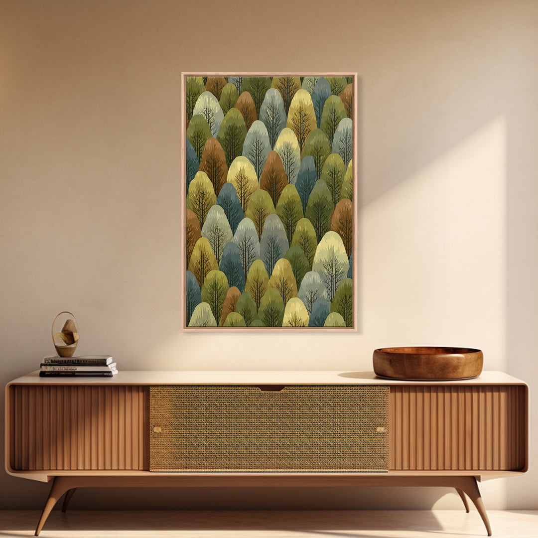 Layered Olive Forest Canopy Wall Art, Midcentury Tree Pattern Print, Nature Landscape Decor, Green Modern Wall Decor, Living Room Art