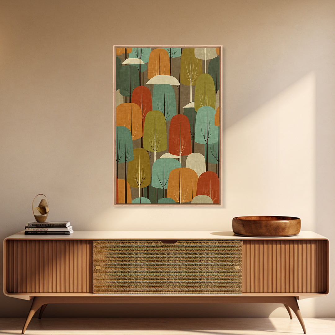 Textured Retro Tree Grove Canvas Print, Midcentury Modern Forest Art, Teal Orange Wall Decor, Atomic MCM Home Decor Poster
