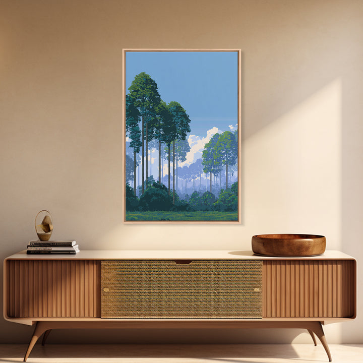 Misty Tall Pine Forest Canvas Print, Blue Sky Landscape Art, Scenic Nature Wall Decor, Modern Office Living Room Art Print