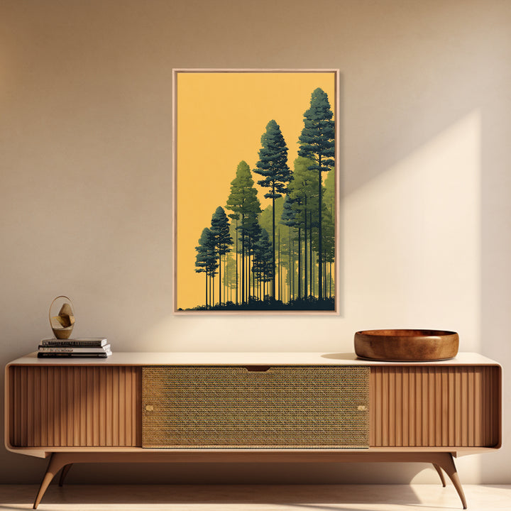 Golden Sunset Pine Forest Wall Art, Tall Evergreen Landscape Print, Scenic Nature Decor, Modern Cabin Living Room Decor Print