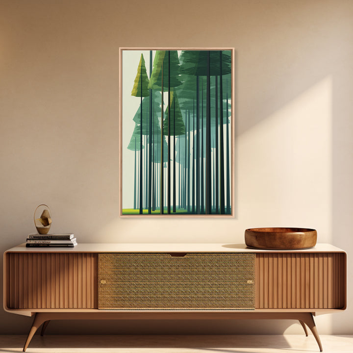 Minimalist Green Pine Grove Wall Art, Abstract Tall Tree Canvas Print, Scandinavian Nature Decor, Modern Forest Poster Art