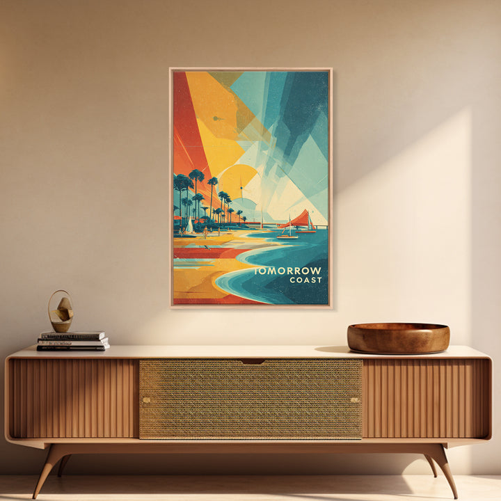 Tomorrow Coast Futuristic Beach Wall Art, Retro Travel Poster, Palm Springs Sailboat Canvas Print, Midcentury Modern Home Decor