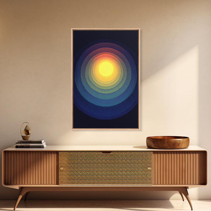 Radiant Yellow Concentric Sun Canvas Print, Midcentury Modern Art, Cosmic Abstract Wall Decor, Blue Retro Living Room Poster