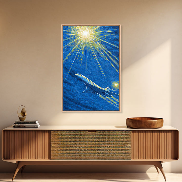 Blue Jet Under Radiant Starburst Framed Canvas Print, Retro Travel Poster, Midcentury Modern Wall Art, Aviation Office Decor