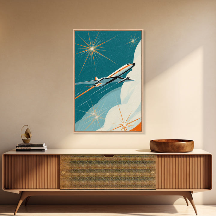 Sleek Retro Jet Over Moon Wall Art, Midcentury Modern Art Print, Atomic Space Poster, Aviation Office Decor Gift For Living Room