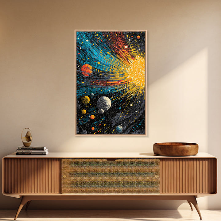 Exploding Solar System With Colorful Planets Framed Canvas Print, Midcentury Modern Wall Art, Retro Space Decor Poster Gift