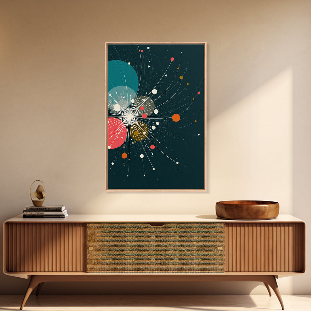 Abstract White Starburst With Floating Orbs Wall Art, Midcentury Modern Abstract Art Print, Teal Retro Space Office Decor