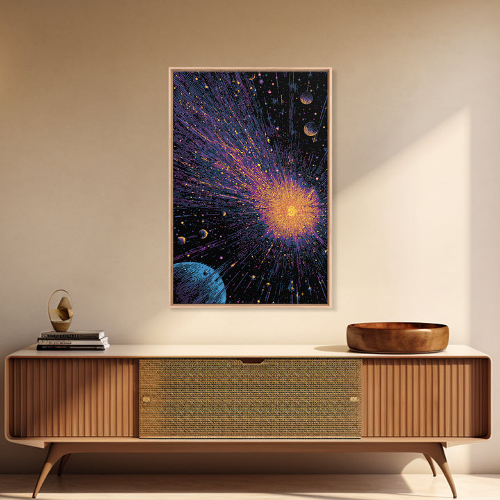 Brilliant Space Explosion With Orbiting Planets Canvas Print, Midcentury Modern Wall Art, Retro Sci Fi Poster For Office Decor