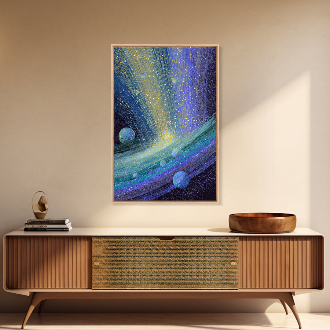 Surreal Ringed Planet With Blue Light Trails Framed Canvas Print, Midcentury Modern Wall Art, Cosmic Retro Space Decor Gift