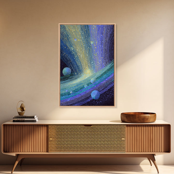 Surreal Ringed Planet With Blue Light Trails Framed Canvas Print, Midcentury Modern Wall Art, Cosmic Retro Space Decor Gift