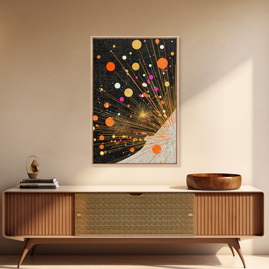 Orange Planet Burst On Black Canvas Print, Midcentury Modern Wall Art, Atomic Retro Space Poster, Geometric Office Decor