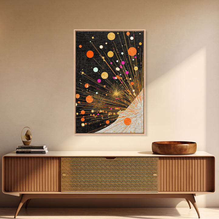 Orange Planet Burst On Black Canvas Print, Midcentury Modern Wall Art, Atomic Retro Space Poster, Geometric Office Decor