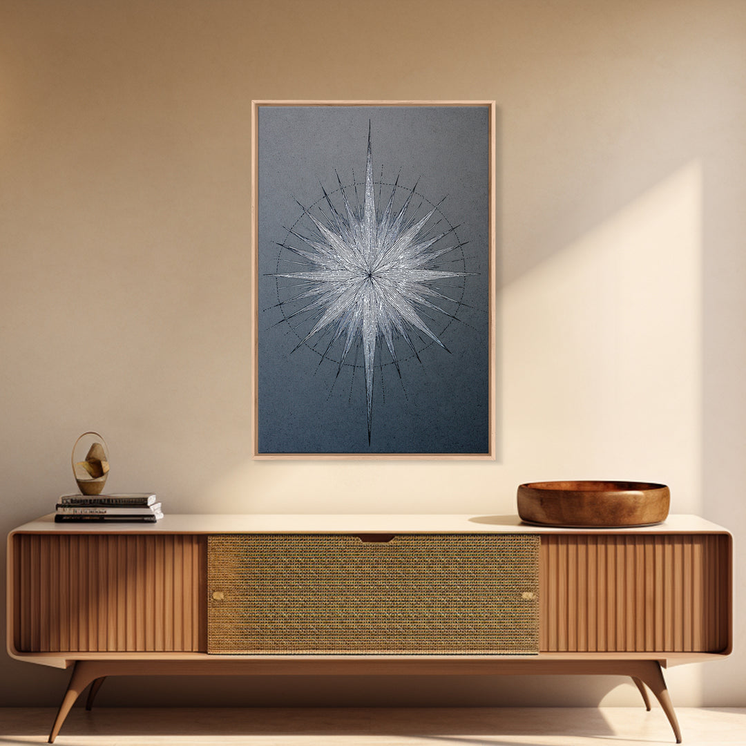 White Silver Radial Starburst Canvas Print, Midcentury Modern Art, Geometric Wall Art, Abstract Print, Blue Office Decor