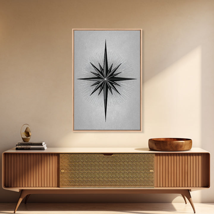 Black Compass Starburst Framed Canvas Print, Midcentury Modern Art, Geometric Wall Decor, Minimalist Art Print, Retro Decor