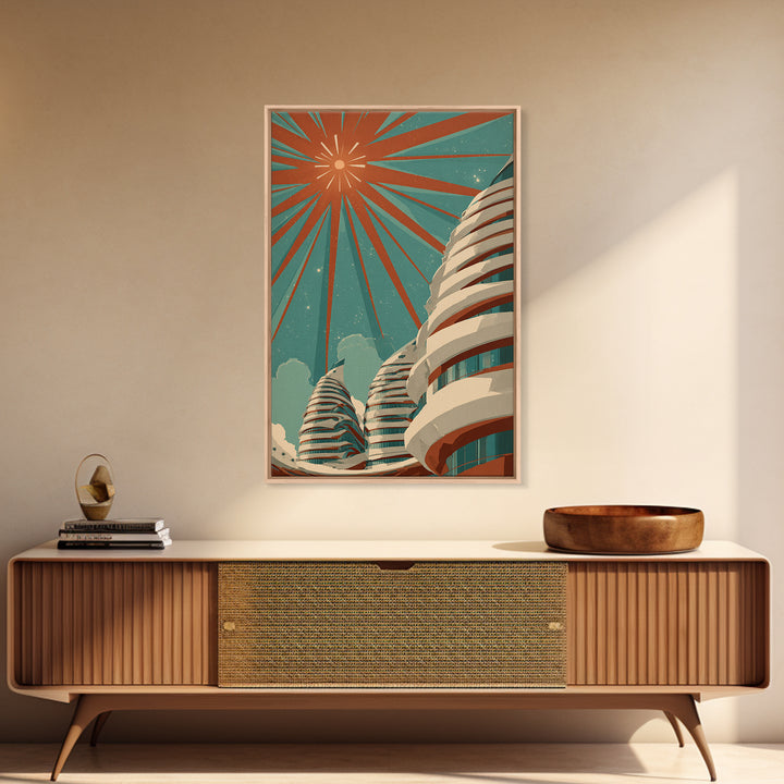 Retro Futurist Towers Wall Art, Midcentury Modern Art, Architectural Art, Palm Springs Art, Travel Poster, Teal Orange Decor