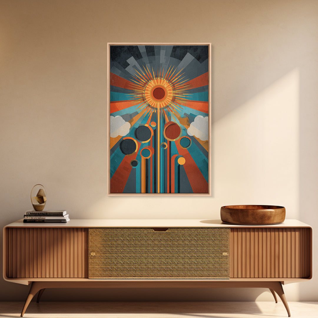 Geometric Solar Eclipse With Retro Planets Wall Art, Midcentury Modern Abstract Poster, Atomic Space Decor, Colorful MCM Print
