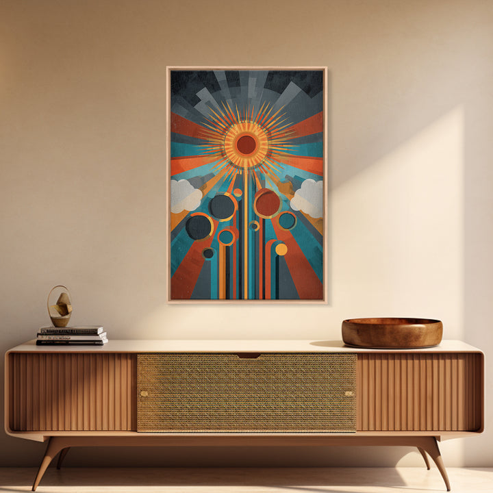 Geometric Solar Eclipse With Retro Planets Wall Art, Midcentury Modern Abstract Poster, Atomic Space Decor, Colorful MCM Print