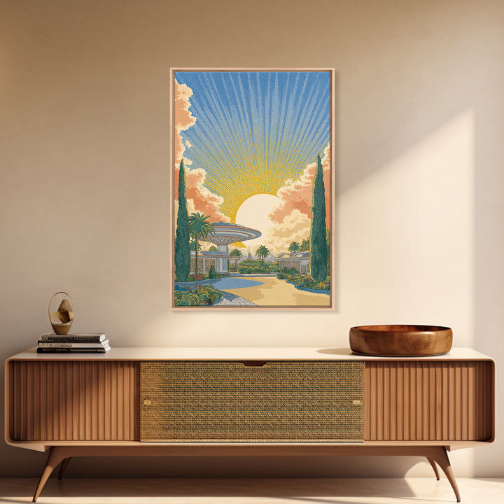 Futuristic Desert Resort Sunrise Wall Art, Midcentury Modern Architecture Poster, Palm Springs Decor, Retro Travel Print