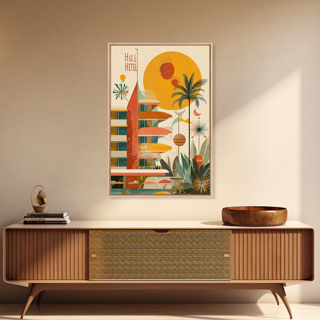 Atomic Hotel With Palms And Sun Canvas Print, Midcentury Modern Wall Art, Retro Palm Springs Poster, Tropical MCM Home Decor