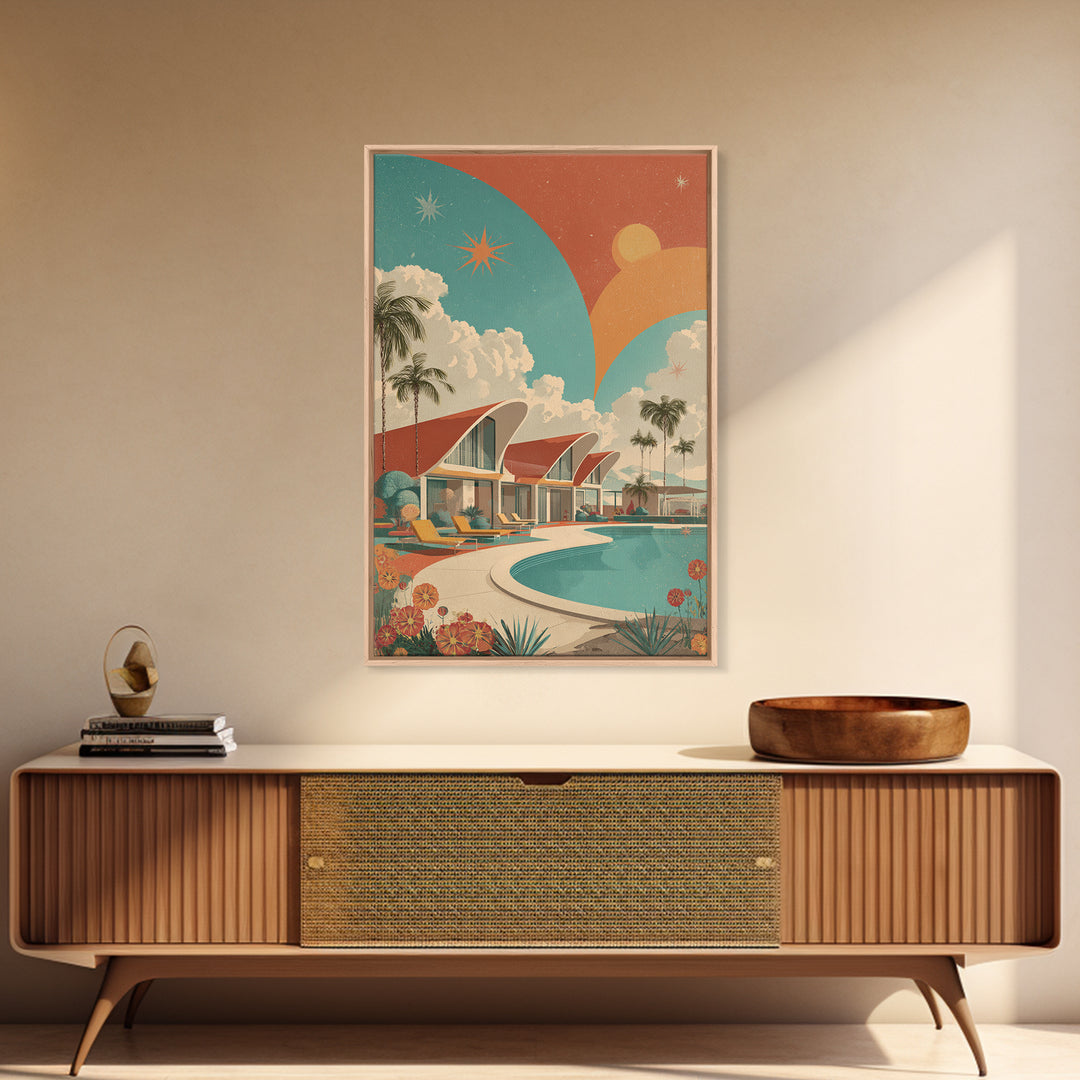 Retro Palm Springs Pool Homes Framed Canvas Print, Midcentury Modern Wall Art, Atomic Ranch Decor, Tropical Sunset Poster
