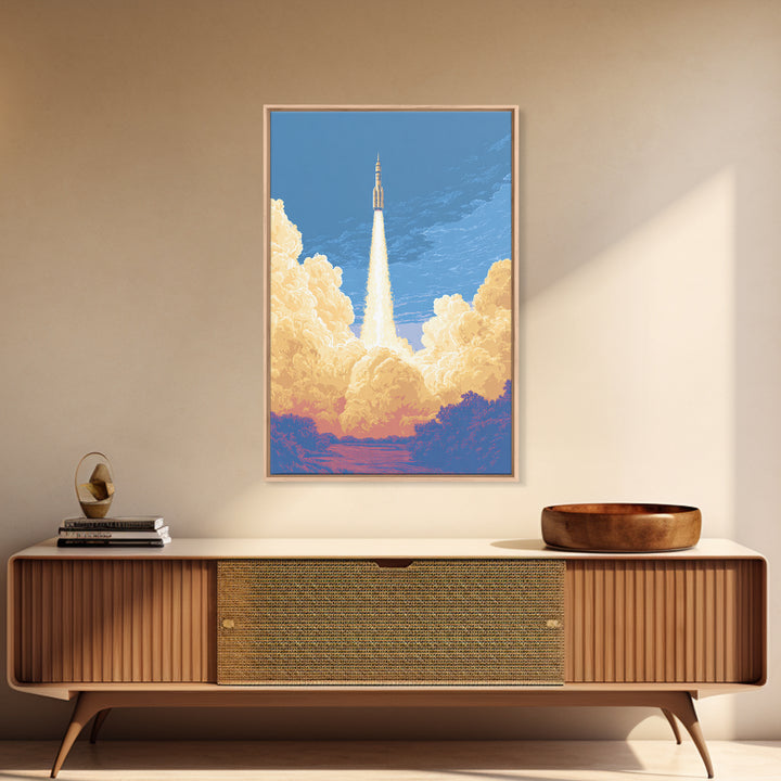 Rocket Launch Through Golden Clouds Wall Art, Retro Space Poster, Sci Fi Wall Decor, Modern Art Print For Office And Man Cave