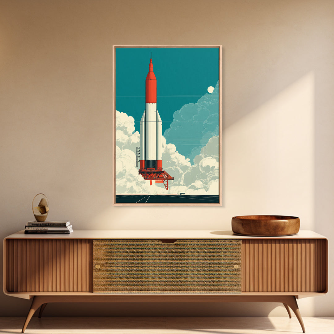 Red Rocket Lift Off In Teal Sky Canvas Print, Retro Space Wall Art, Midcentury Modern Sci Fi Poster, Boys Room Decor Gift