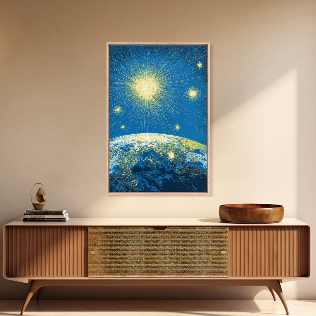 Radiant Earth Horizon Starfield Canvas Print, Midcentury Modern Space Art, Retro Sci Fi Poster, Blue Living Room Decor Gift