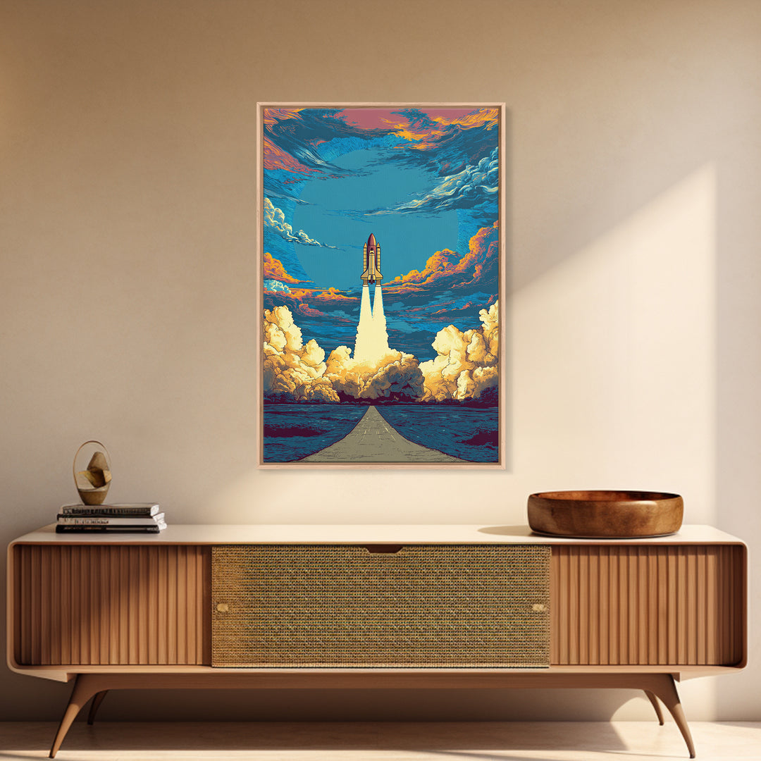 Space Shuttle Rising Over Ocean Road Framed Canvas Print, Retro Sci Fi Wall Art, Modern Space Poster, Dramatic Cloud Decor