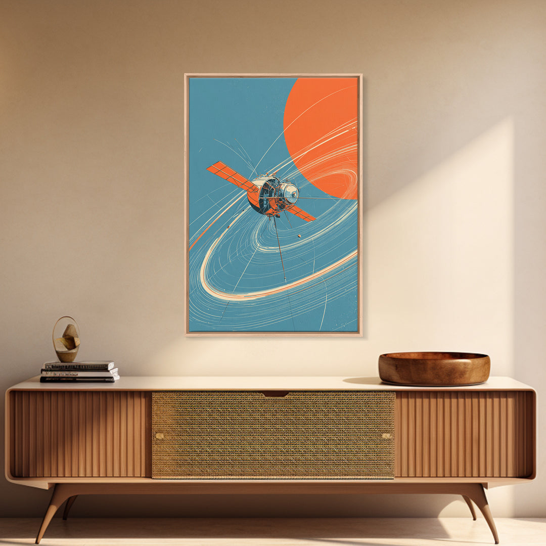 Retro Satellite With Orange Sun, Cosmic Orbit Wall Art, Mid Century Modern Space Poster, Sci Fi Decor, MCM Home Print Gift