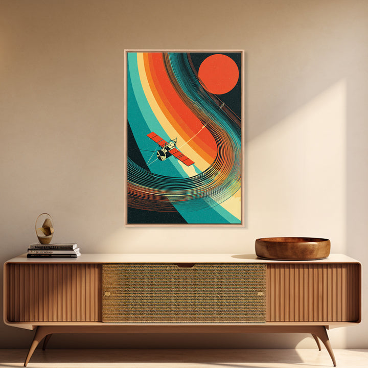 Satellite By Rainbow Planetary Rings, Red Sun Canvas Print, Retro Sci Fi Space Poster, Mid Century Modern Wall Decor Gift