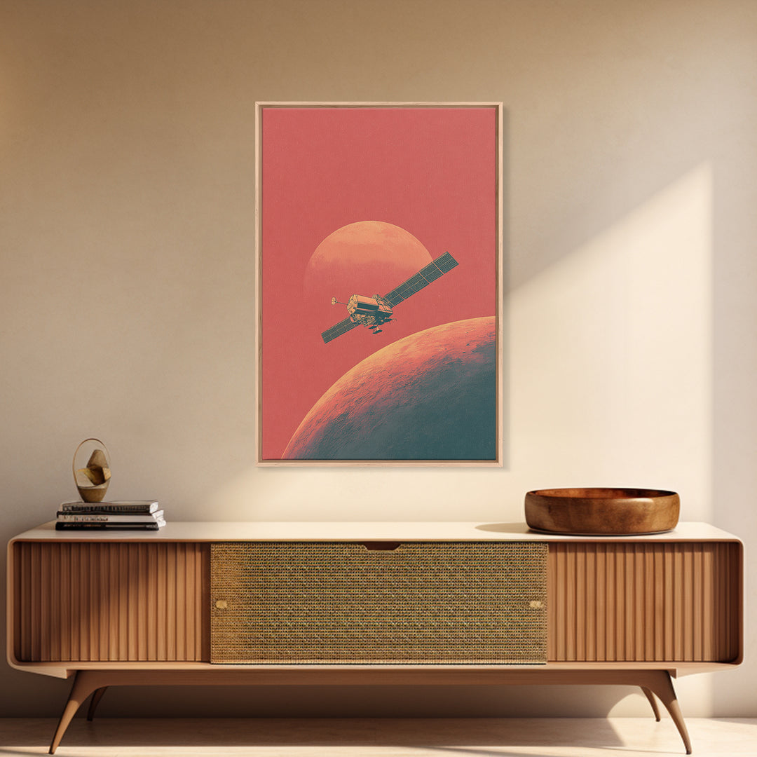 Coral Mars Satellite Over Desert Planet Canvas Print, Minimal Retro Space Poster, Mid Century Modern Home Office Decor Gift