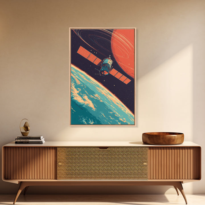 Satellite Orbiting Earth With Ringed Red Planet Framed Canvas Print, Retro Space Poster, Mid Century Modern Wall Decor Gift